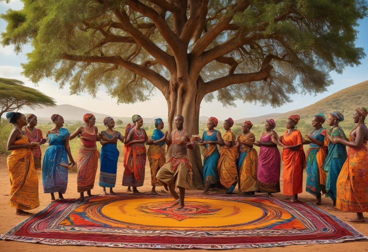 A vibrant collage showcasing various African cultural elements that represent unity and community, including traditional dances, colorful clothing, and shared meals under a communal tree. Diverse groups of people joyfully interacting, embodying harmony and well-being. The background features a tapestry of rich landscapes, symbolizing the diversity of African regions. Bright colors and intricate patterns add depth to the scene. digital painting. vibrant colors. earthy tones.