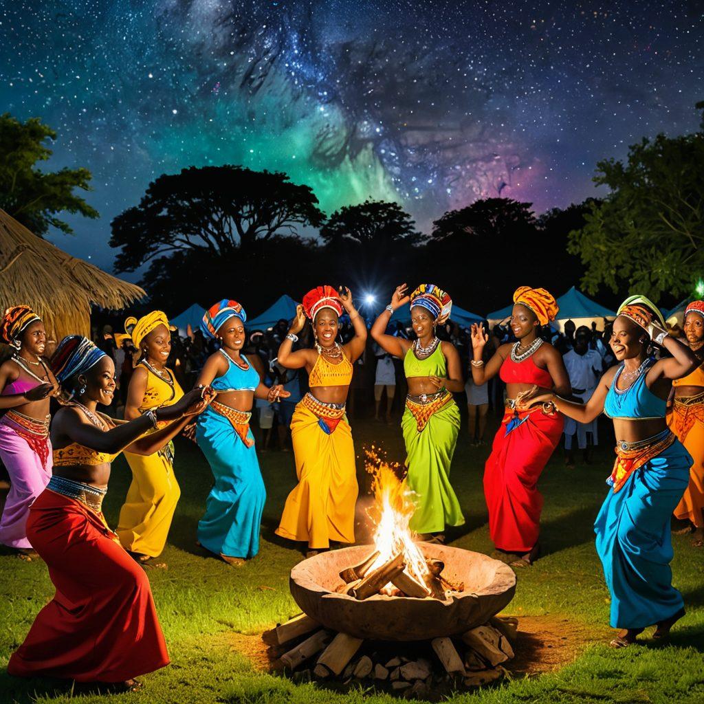A vibrant celebration of African culture showcasing traditional customs and values, featuring a joyful group of diverse people in colorful attire dancing around a bonfire under a starlit sky, with lush green landscapes in the background. Incorporate elements like handcrafted artifacts, traditional musical instruments, and expressions of happiness and community spirit. emphasis on bright colors and lively energy. super-realistic. vibrant colors. night scene.