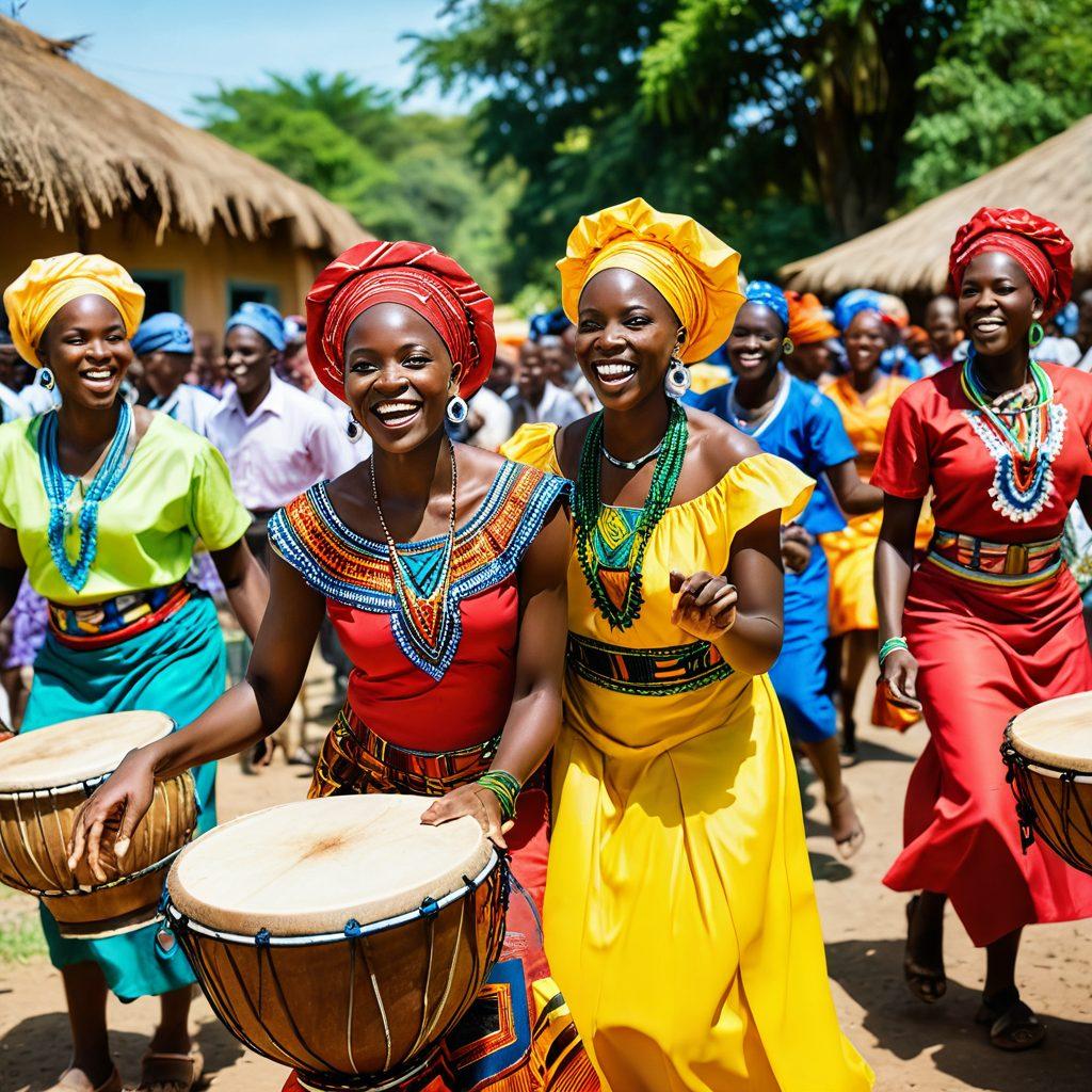 A vibrant scene depicting an African village celebration, showcasing colorful traditional attire and joyful dancers surrounded by lush greenery. Include smiling faces of diverse community members sharing food and music, with traditional instruments in the background. Bright colors evoke a sense of warmth and happiness. super-realistic. vibrant colors. 3D.
